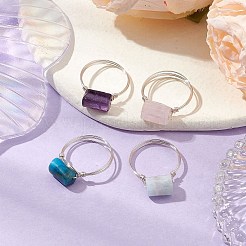 4Pcs 4 Styles Column Natural Apatite & Aquamarine & Amethyst & Rose Quartz Finger Rings Sets&nbsp;RJEW-TA00149
