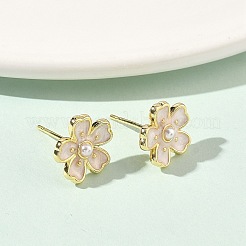 Flower Brass & ABS Plastic Pearl Stud Earrings&nbsp;EJEW-P336-07G-01