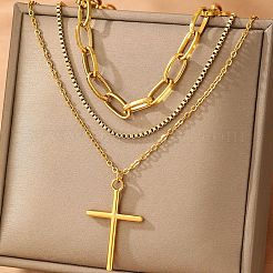 304 Stainless Steel Cross Pendant 3 Layer Necklaces for Women&nbsp;NJEW-F343-02G