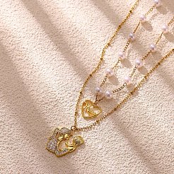Mother's Day Brass Micro Pave Clear Cubic Zirconia Baby Mother Heart Pendant Double Layer Necklaces with Imitaiton Pearl&nbsp;WGEDE7C-01
