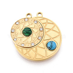 304 Stainless Steel Rhinestone & Synthesis Turquoise Pendants, Flat Round & Moon Charms, Ion Plating(IP), Real 18K Gold Plated, 24x22.5x3.5mm, Hole: 1.6mm