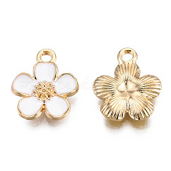 Eco-Friendly Zinc Alloy Pendants, with Enamel, Cadmium Free & Nickel Free & Lead Free, 5- Petal Flower, Light Gold, White, 16x13x3mm, Hole: 1.8mm
