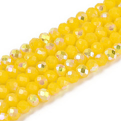 AB Color Plated Opaque Glass Rondelle Beads Strands, Faceted, Gold, 4.5x3.5mm, Hole: 0.7~1mm, about 108~116pcs/strand, 14.76~16.73''(37.5~42.5cm)