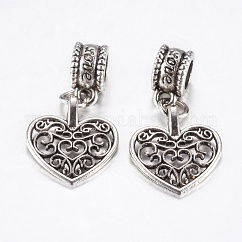 Tibetan Style Alloy European Dangle Charms, Large Hole Pendants, Hollow Heart, Antique Silver, 28mm, Pendant: 16.5x15x1.5mm, Hole: 4.5mm