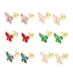 Brass Micro Pave Cubic Zirconia Stud Earring, Golden, Butterfly, Mixed Color, 8x9.5mm, Pin: 1mm