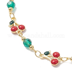 Brass Enamel with Green Glass Red Cherry Link Anklets for Women&nbsp;AJEW-AN00772