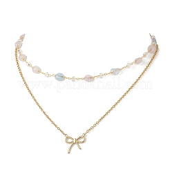 304 Stainless Steel Bowknot Pendant Natural Morganite Nuggets Link Chain Double Layer Necklaces for Women&nbsp;NJEW-JN05399-01