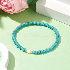 Synthetic Turquoise Rondelle & Natural Pearl Beaded Stretch Bracelets&nbsp;BJEW-JB09918-08