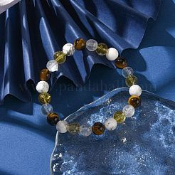 Natural Howlite & Synthetic Citrine & Natural Tiger Eye & Natural Quartz Crystal Round Beaded Stretch Bracelets&nbsp;BJEW-JB10910-09
