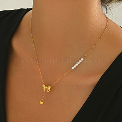 Stainless Steel & Imitation Pearl Bowknot Heart Pendant Necklaces for Women Daily Wear&nbsp;YC4857