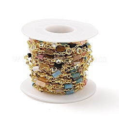 Natural Mixed Gemstone Column & Clear Cubic Zirconia Flat Round Link Chain&nbsp;LS-CHC-G017-01G