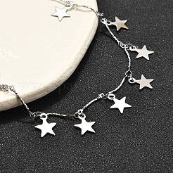 304 Stainless Steel Textured Link Bar Star Charm Tassel Necklaces&nbsp;NJEW-R023-02P
