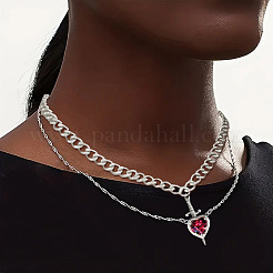 2Pcs Sword & Heart Zinc Alloy Light Siam Rhinestone Pendant Double Layer Necklaces for Women&nbsp;FS-WG484C5-02