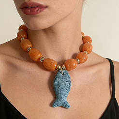 Bohemian Dyed Natural Lava Rock Dodger Blue Fish Shaped Pendant Resin Barrel Beaded Necklaces with Alloy End Chains for Women&nbsp;WGC0D2D-01
