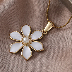 304 Stainless Steel Enamel with Imitation Pearl Cherry Blossom Flower Pendant Necklaces for Women&nbsp;RN9489
