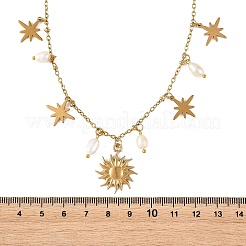 304 Stainless Steel & 201 Stainless Steel Sun Star Pendant Necklaces with Natural Pearl Beads for Women&nbsp;NJEW-JN06527