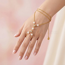 304 Stainless Steel and Imitation Pearl Multi-Strand Hand Chain Ring Bracelets with Clear Cubic Zirconia for Women&nbsp;VO2892