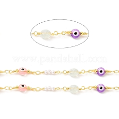 Natural Mixed Gemstone Nuggets & Colorful Glass Evil Eye Beaded Chain&nbsp;CHC-G017-11G