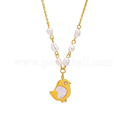 Easter 304 Stainless Steel Natural Shell Chick Pendant Necklaces with Natural Freshwater Pearl Beads&nbsp;WG5B76B-01