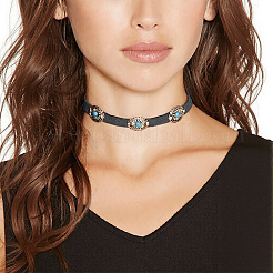2Pcs 2 Colors Bohemian Alloy & Resin Imitation Turquoise Oval Velvet Choker Necklaces&nbsp;NJEW-CL0001-11