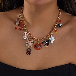 Halloween Alloy Enamel Spider Pumpkin Multi Pendant Bib Necklaces for Women&nbsp;WG0CF79-01