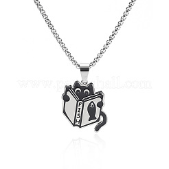 201 Stainless Steel Enamel Black Cat Shape with Book Pendant Necklaces&nbsp;FS-WG449EB-02