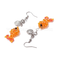 Fish with Shell Shape 304 Stainless Steel Glass Beads Dangle Earrings&nbsp;EJEW-MZ00436-01