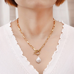 Natural Keishi Pearl Teardrop Pendant 304 Stainless Steel Paperclip Chain OT Necklaces for Women&nbsp;WG5218A-01