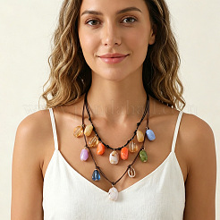 Bohemian Resin Nuggets Pendant Leather Cord Double Layer Bib Necklaces for Women&nbsp;WG1D07C-01
