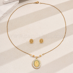 201 Stainless Steel Rhinestones Oval with Virgin Mary Pendant Necklace & Stud Earrings Set for Women&nbsp;RA9493