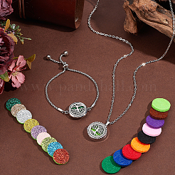 1Pc Stainless Steel Hollow Flat Round with Tree of Life Diffuser Locket Pendant Necklaces & 1Pc Slider Bracelets Sets&nbsp;SJEW-PH0001-27