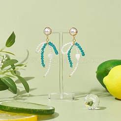 Shell Pearl & Glass Bowknot with Heart Dangle Stud Earrings&nbsp;EJEW-TA00146