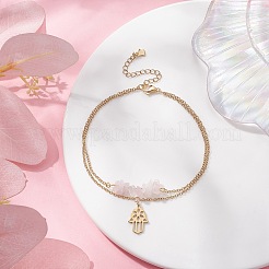 Natural Rose Quartz Chips Beaded & Hamsa Hand Charms Double Layer Multi-strand Bracelet&nbsp;AJEW-AN00511-03