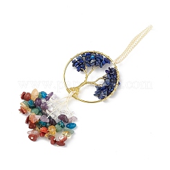 Natural Mixed Gemstone Chips Tree of Life with Chips Tassel Big Pendant Decorations&nbsp;HJEW-H057-03G-A