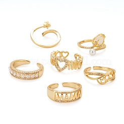 6Pcs 6 Styles Adjustable Brass Micro Pave Clear Cubic Zirconia Cuff Rings&nbsp;RJEW-LS0001-26G