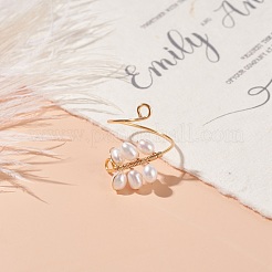 Copper Wire Wrapped Natural Cultured Freshwater Pearl Cuff Rings for Women&nbsp;RJEW-JR00438