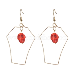 Halloween Skull Synthetic Dyed Turquoise & Copper Wire Dangle Earrings for Women&nbsp;EJEW-JE05884