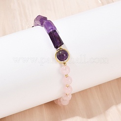 Natural Rose Quartz & Natural Amethyst & Brass Round & Prism Beaded Bracelets for Women&nbsp;BJEW-G752-01G-06