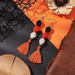 Halloween Skull Synthetic Dyed Turquoise Dangle Earrings&nbsp;EJEW-JE05883-01