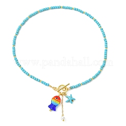Summer Handmade Lampwork Colorful Fish and Starfish Pendant Dyed Synthetic Turquoise Round Beaded Necklaces with 304 Stainless Steel OT Clasps for Women&nbsp;NJEW-TA00240