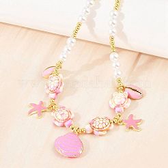 Ocean Brass Enamel Starfish Shell Shape Pendant Round ABS Imitation Pearl Beaded Necklaces&nbsp;KK-CBA4547-04C-G
