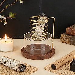 Glass & Zinc Alloy & Walnut Wood Incense Burner Holder&nbsp;AJEW-WH0817-119A