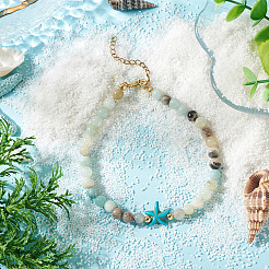 Ocean Dyed Synthetic Turquoise Starfish and Natural Flower Amazonite Round Beaded Anklets for Women&nbsp;AJEW-TA00060