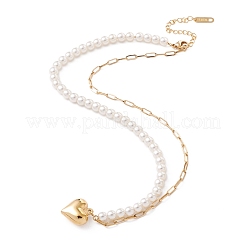 Ion Plating(IP) 304 Stainless Steel Heart Pendant Necklace with Acrylic Pearl for Women&nbsp;NJEW-P262-27G
