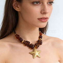 Ocean 304 Stainless Steel Starfish Pendant Resin Imitation Amber Beaded Necklaces for Women&nbsp;WG07ED7-01