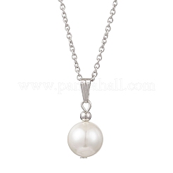 Shell Pearl White Round Pendant 304 Stainless Steel Cable Chain Necklaces for Women&nbsp;NJEW-JN05760-01