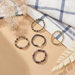 5Pcs 5 Style Natural Rainbow Moonstone & Dichroite & Synthetic Hematite Round Beaded Stretch Finger Rings Set&nbsp;RJEW-JR00527