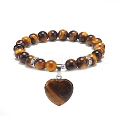 Gemstone Round Beaded Stretch Bracelet with Heart Charm for Women&nbsp;BJEW-JB09019