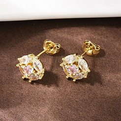 Brass Micro Pave Clear Cubic Zirconia Flat Round Stud Earrings&nbsp;EJEW-L101-01G