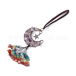 Natural Amethyst Moon with Mixed Gemstone Chips Tassel Pendant Decorations&nbsp;G-L524-07R-A05